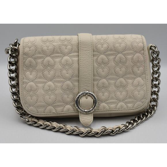 Brighton Pearl White Leather Quilted Heart Single Chain Shoulder Strap Bag - Picture 1 of 10